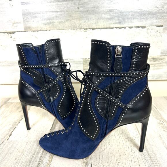 Alaïa Paris Women’s 8 Blue Suede Black Leather Studded Ankle Boots Designer - Picture 6 of 9